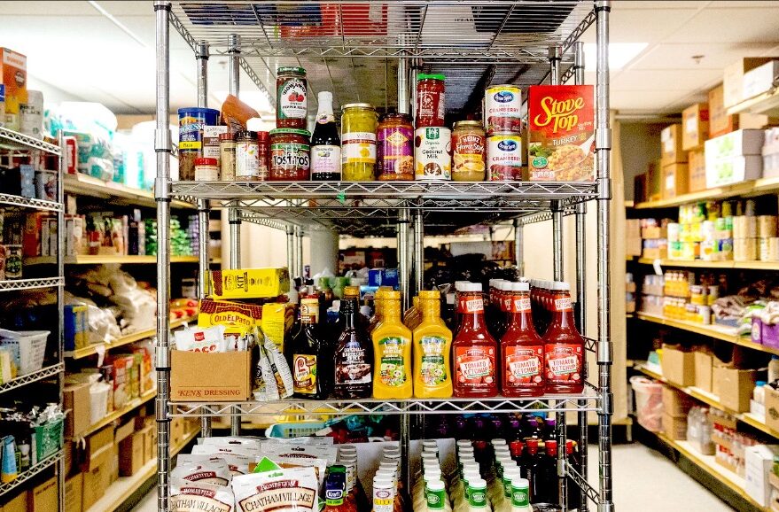 Shelves filled with various food items